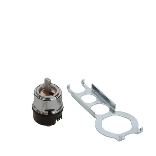 Hansgrohe Kartusche mit unverbindlichem Mundduschenanschluss, bestehend aus einem runden Element mit zentralem Hebel und einer metallischen Halterung.